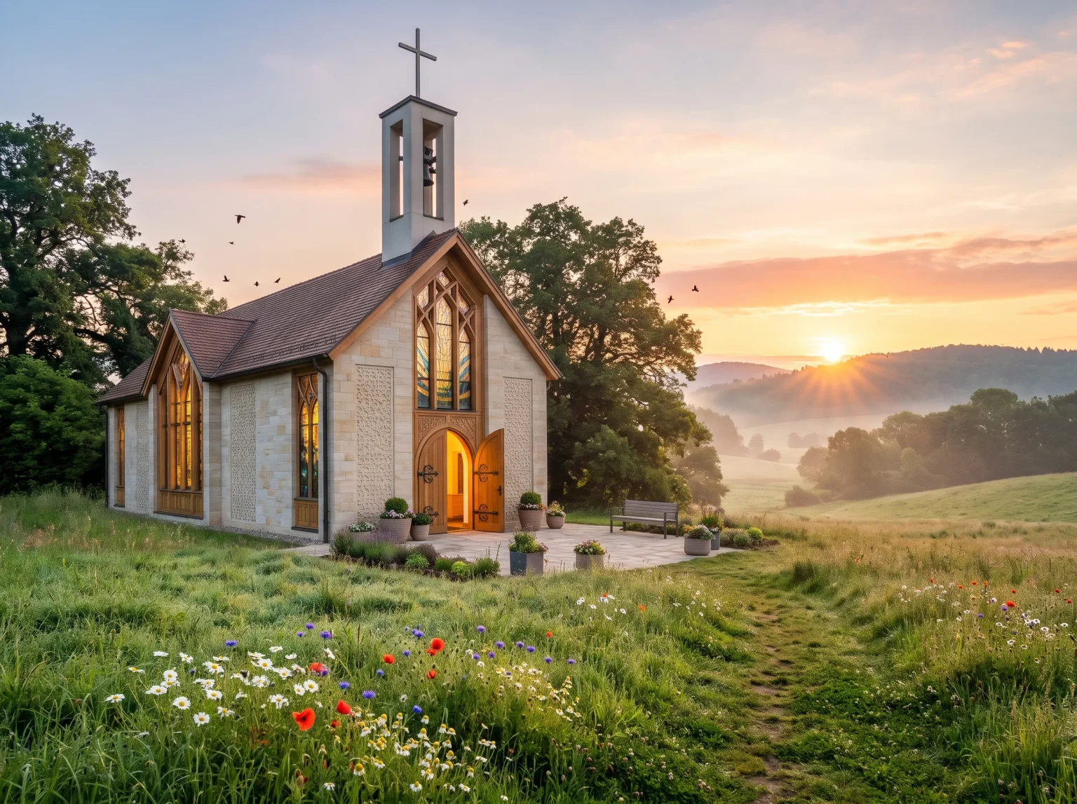 Symbolbild: weiße Kapelle in einer Sommerwiese, im Hintergrund die aufgehende Sonne
