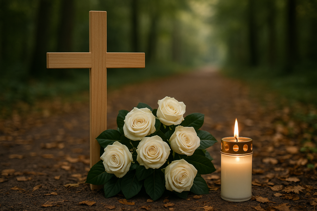 Beitragsbild: Ein schlichtes Holzkreuz, ein Strauß weißer Rosen und eine brennende Kerze stehen auf einem Waldweg. Die ruhige Szenerie mit herbstlichen Blättern am Boden vermittelt Frieden, Erinnerung und Würde.