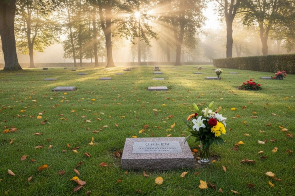 Ruhiges Rasengräberfeld auf einem Friedhof im Sonnenlicht, symbolisiert eine anonyme Grabstätte mit Blumen des Gedenkens.