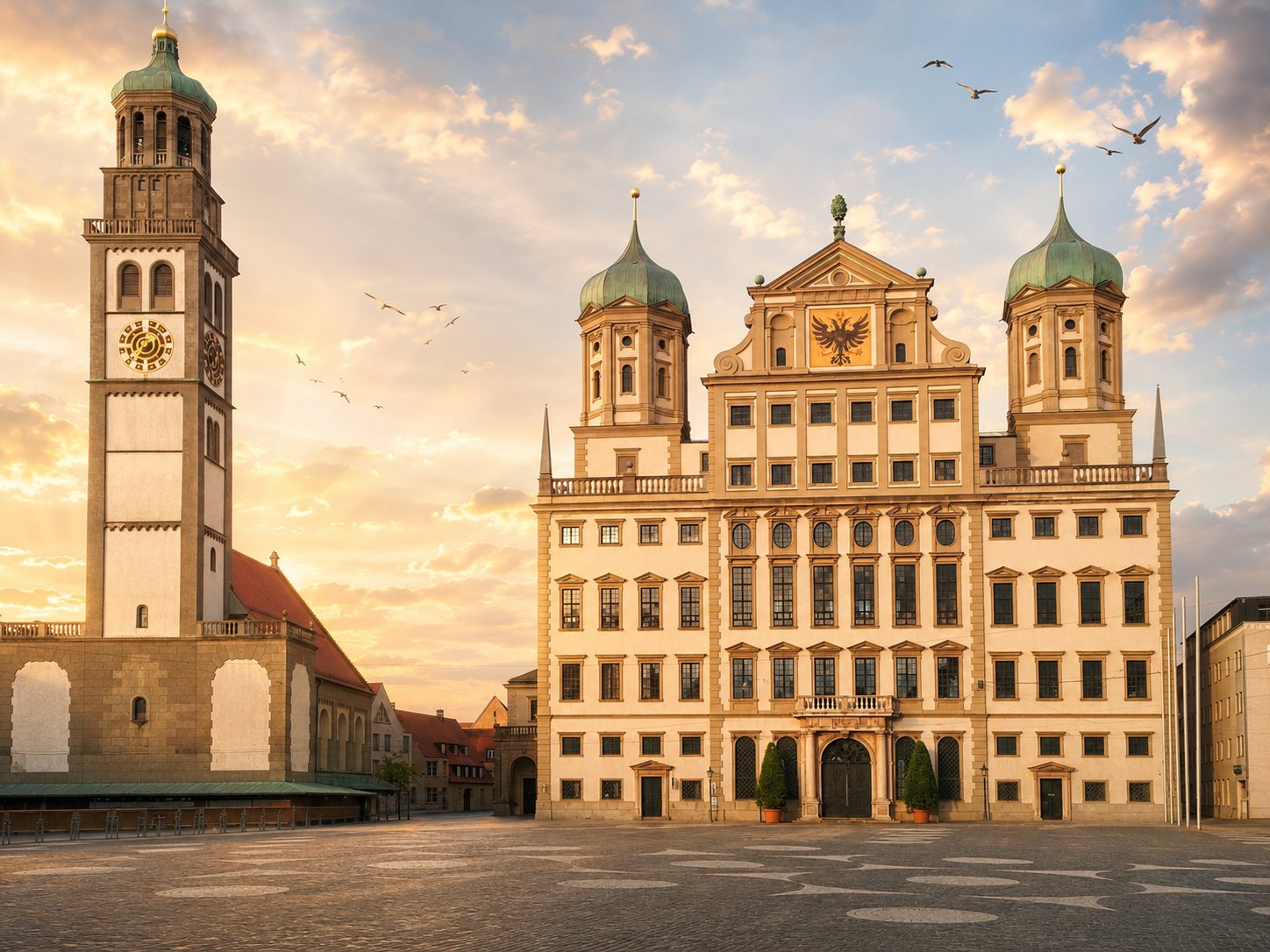 Augsburger Rathaus und Perlachturm im warmen Licht des Sonnenuntergangs, darüber fliegende Vögel und ein ruhiger, menschenleerer Platz