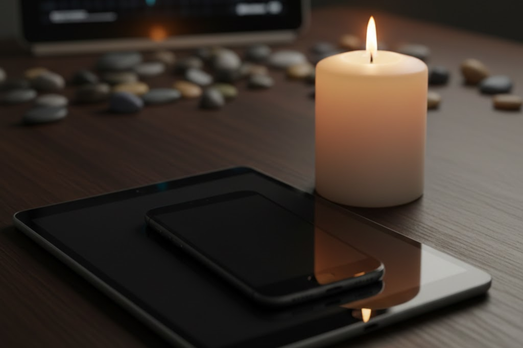 Ein Smartphone und ein Tablet liegen neben einer brennenden Kerze auf einem Holztisch, symbolisch für die digitale Bestattungsvorsorge und das Erbe von Online-Konten.