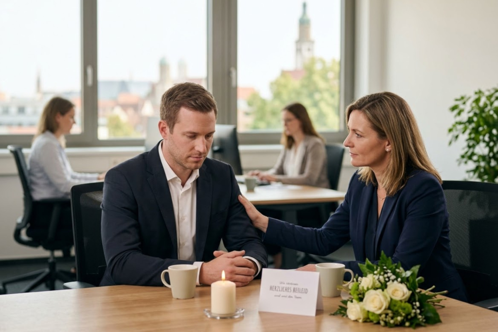 https://gemini.google.com/app/45d30af7c46526e7#:~:text=Empathische%20Kollegin%20tr%C3%B6stet%20trauernden%20Mitarbeiter%20im%20B%C3%BCro%20in%20Augsburg%20%E2%80%93%20Ratgeber%20zum%20Umgang%20mit%20Trauer%20am%20Arbeitsplatz%20vom%20Bestattungsdienst%20Engel.