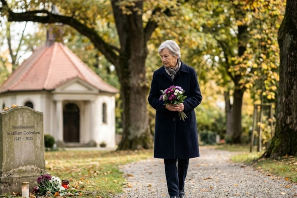 Eine ältere Frau mit grauen Haaren und einem dunklen Mantel geht nachdenklich und mit einem Blumenstrauß in der Hand einen Kiesweg auf einem herbstlichen Friedhof in Augsburg entlang, vorbei an Grabsteinen und einer kleinen Kapelle, symbolisch für das Trauerjahr und den Weg des Gedenkens.