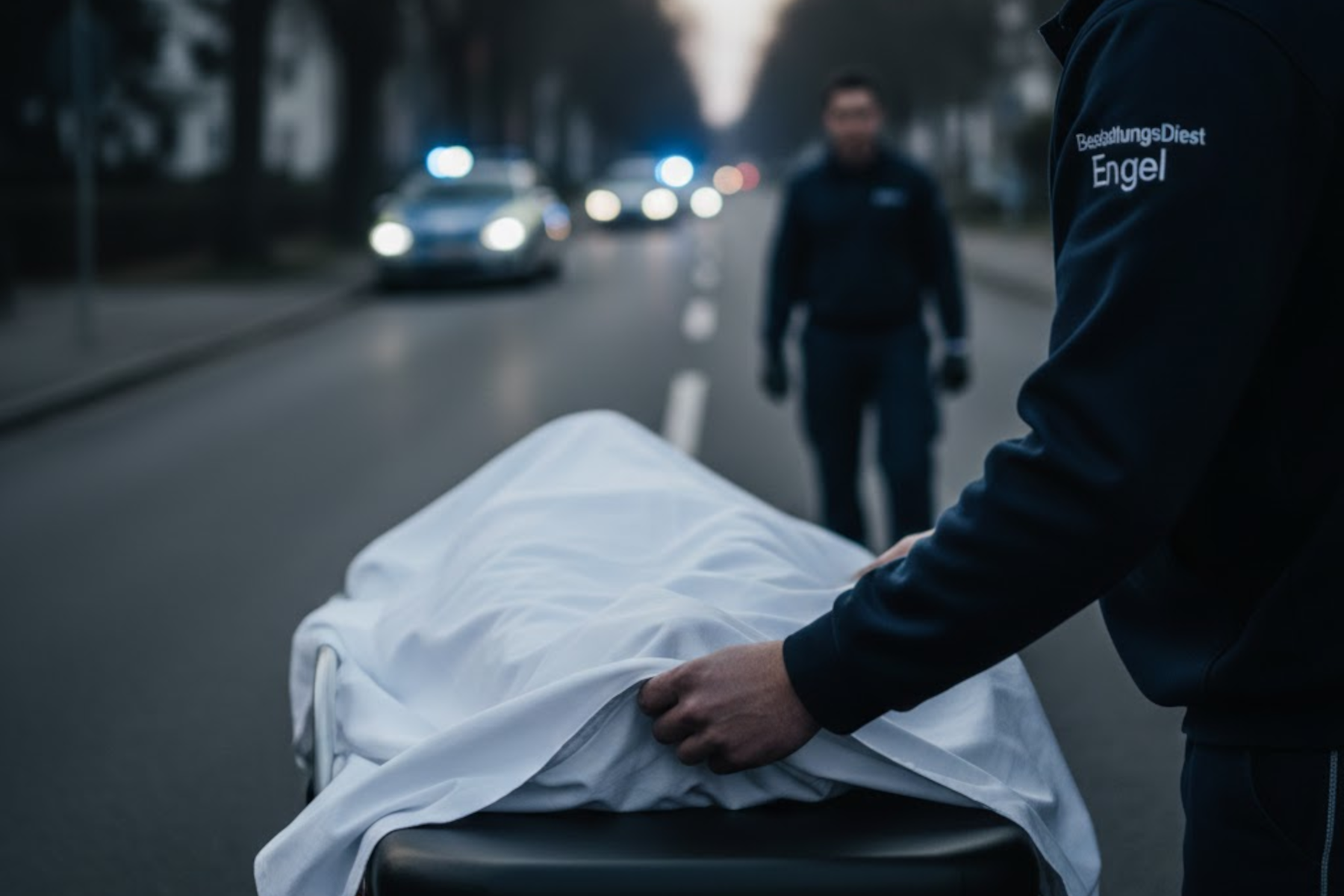 Bestatter bei der pietätvollen Überführung und Bergung einer bedeckten Person im Freien, im Hintergrund Einsatzfahrzeuge.