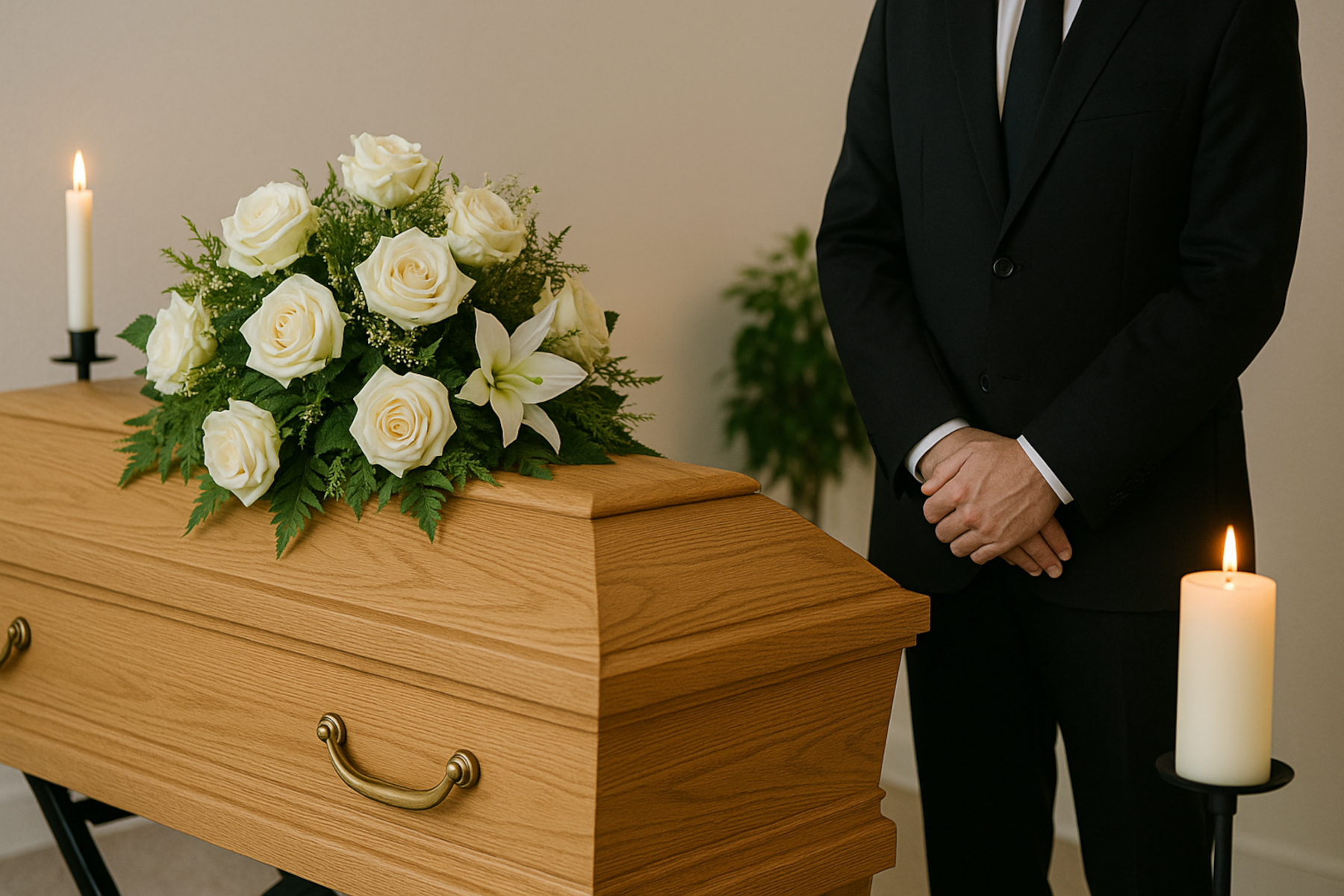 Bestatter in schwarzem Anzug steht neben einem Holzsarg mit weißen Rosen und Kerzen – Symbol für den einfühlsamen 24-Stunden-Bestattungs-Notdienst.