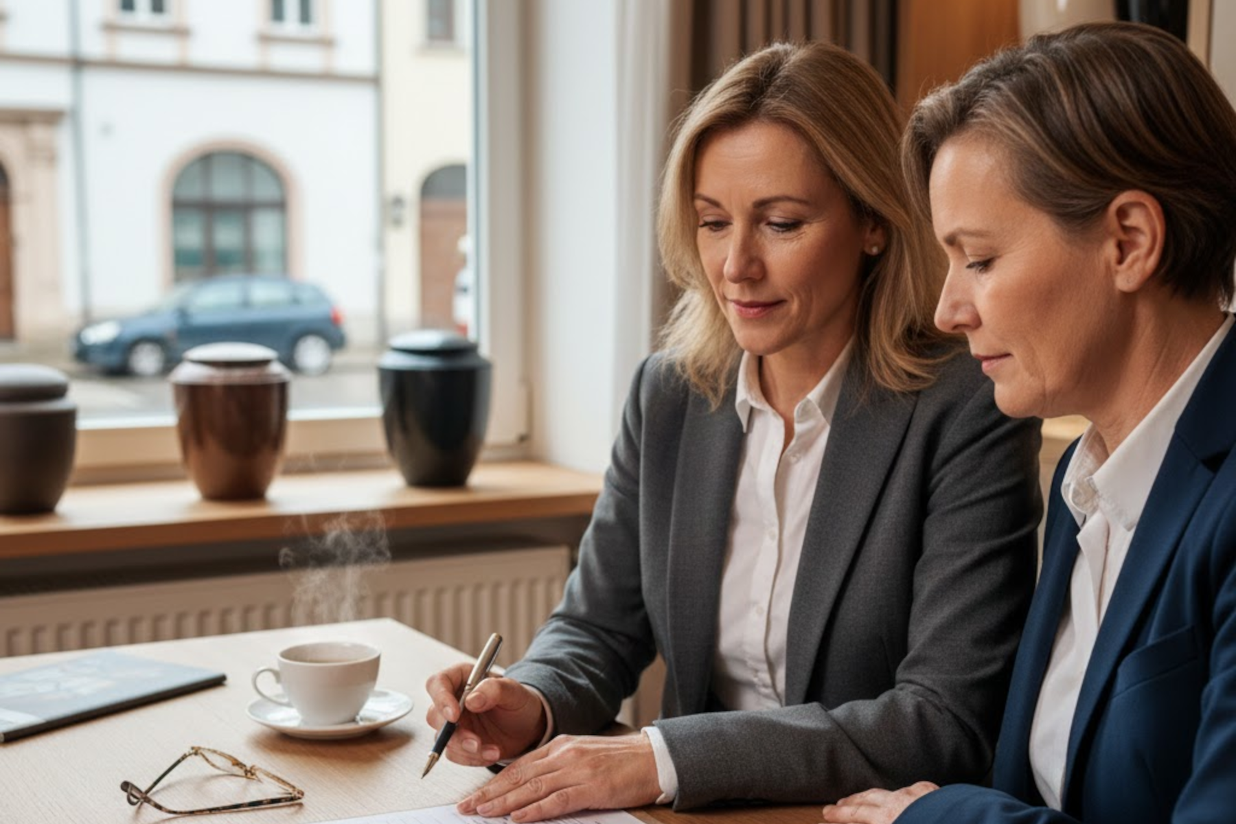 Eine Bestatterin berät eine Kundin einfühlsam am Tisch über die Planung und Kosten einer Bestattung, im Hintergrund stehen Urnen am Fenster.