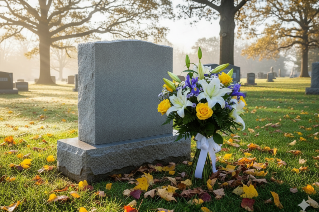 Ruhiger Friedhof mit einem leeren Grabstein und einem Blumenstrauß, der die Tradition der Erdbestattung symbolisiert.