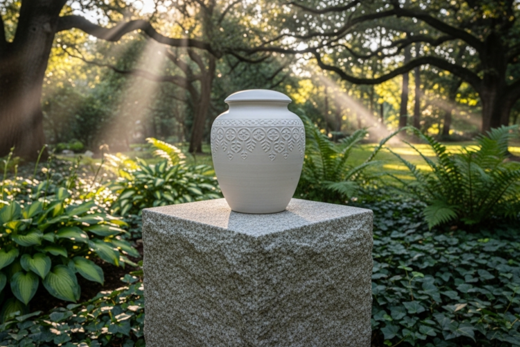 Eine elegante Urne in einem friedlichen Bestattungsgarten, symbolisiert die moderne Feuerbestattung.