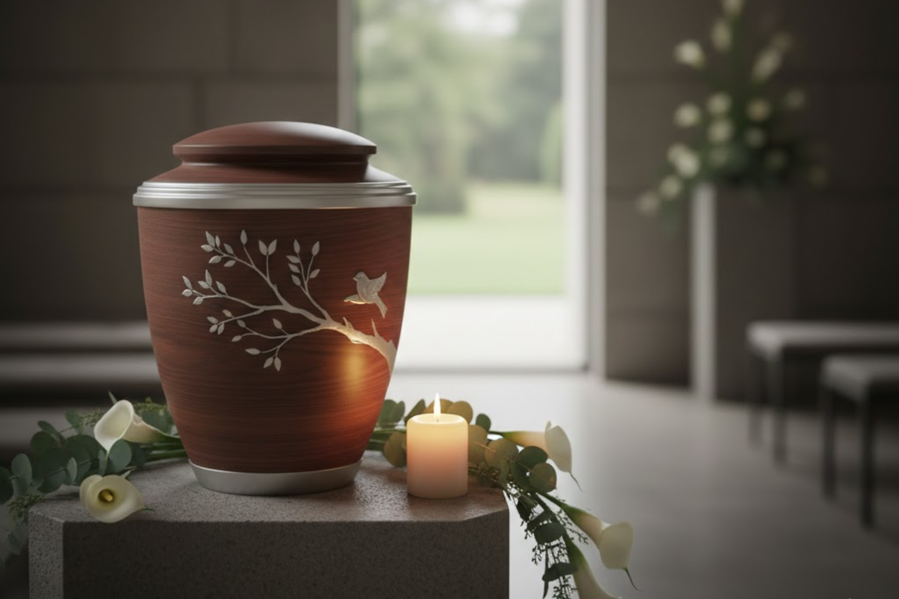 Eine edle Holzurne mit silbernen Verzierungen steht auf einer Steinstele in einer hellen Aussegnungshalle, dekoriert mit weißen Blumen und einer brennenden Kerze.