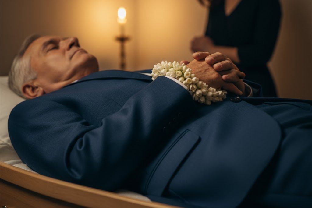 Nahaufnahme von gefalteter, würdevoller Sterbewäsche oder einem persönlichen Kleidungsstück, symbolisiert die achtsame Einkleidung des Verstorbenen.