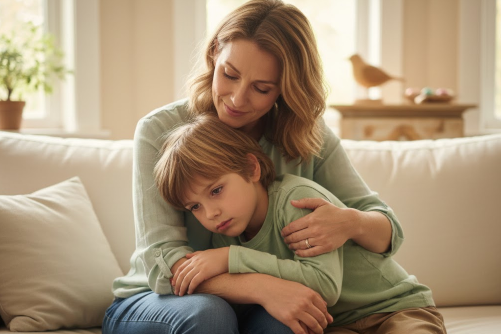 Eine Mutter hält ihr trauriges Kind tröstend im Arm, vor ihnen liegt ein selbstgemaltes Abschiedsbild mit einem Engel und eine brennende Kerze.