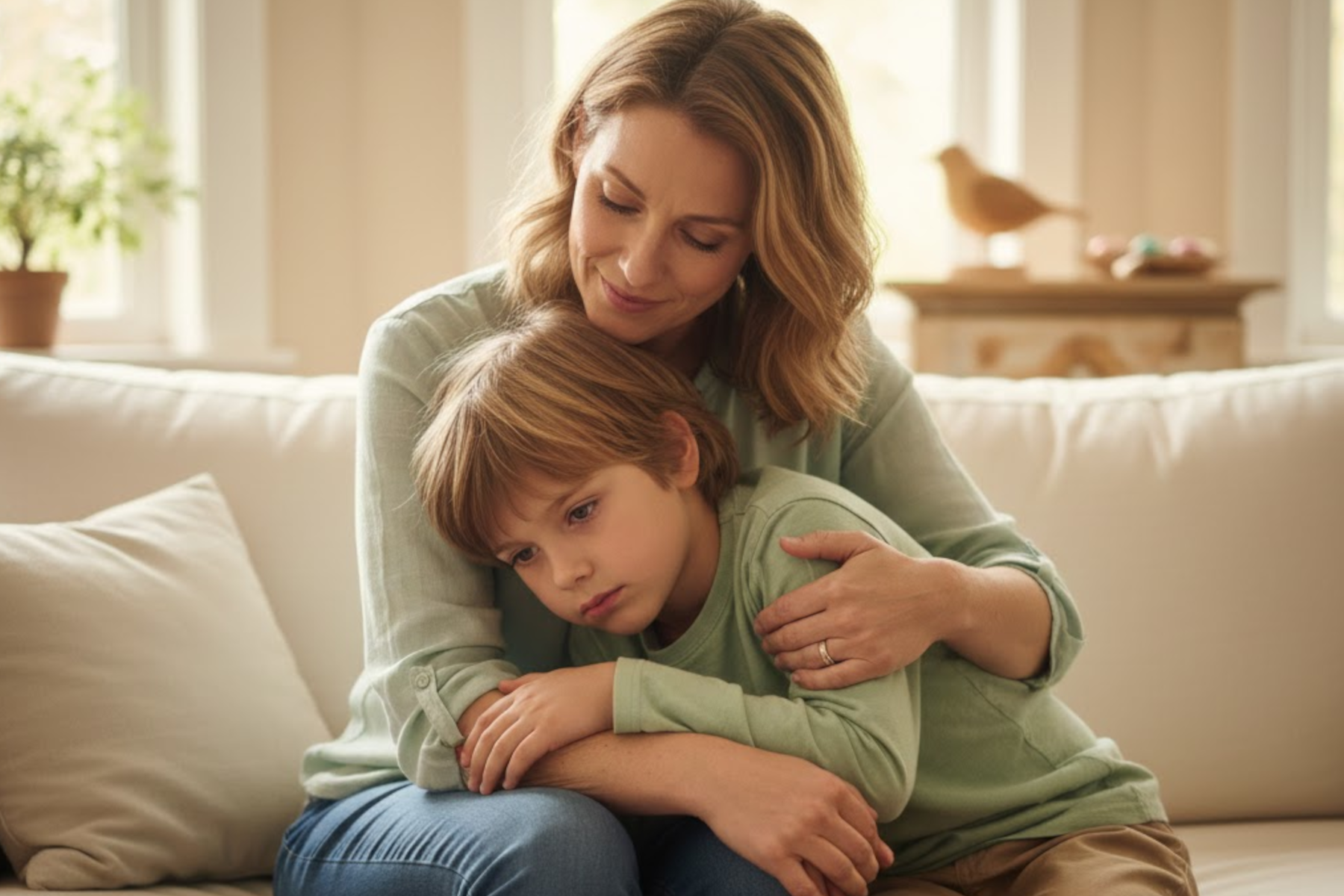 Eine Mutter hält ihr trauriges Kind tröstend im Arm, vor ihnen liegt ein selbstgemaltes Abschiedsbild mit einem Engel und eine brennende Kerze.