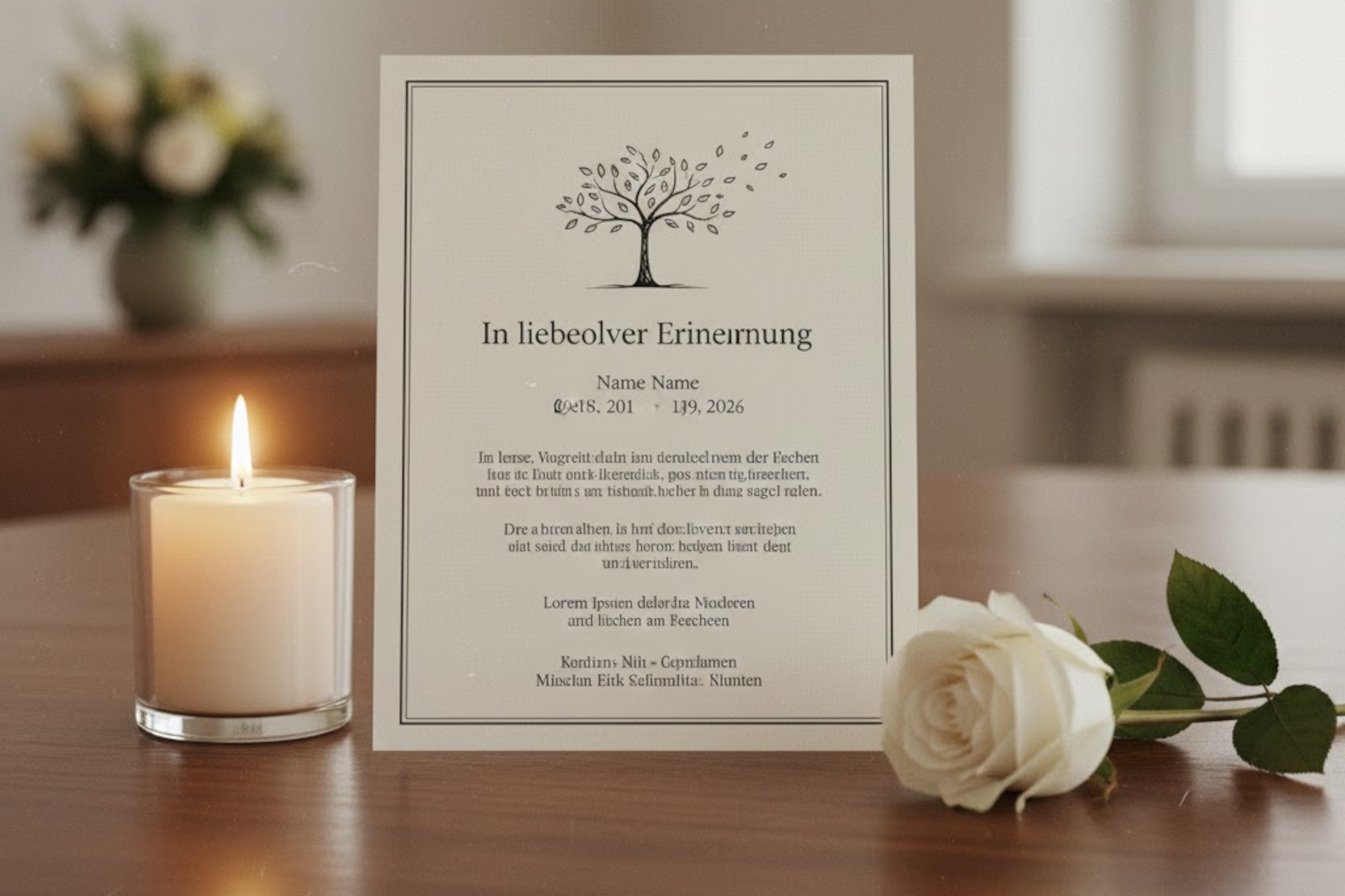 Eine stilvoll gestaltete Traueranzeige auf einem Tisch mit einer weißen Blume und einer brennenden Kerze als Symbol für das Gedenken.