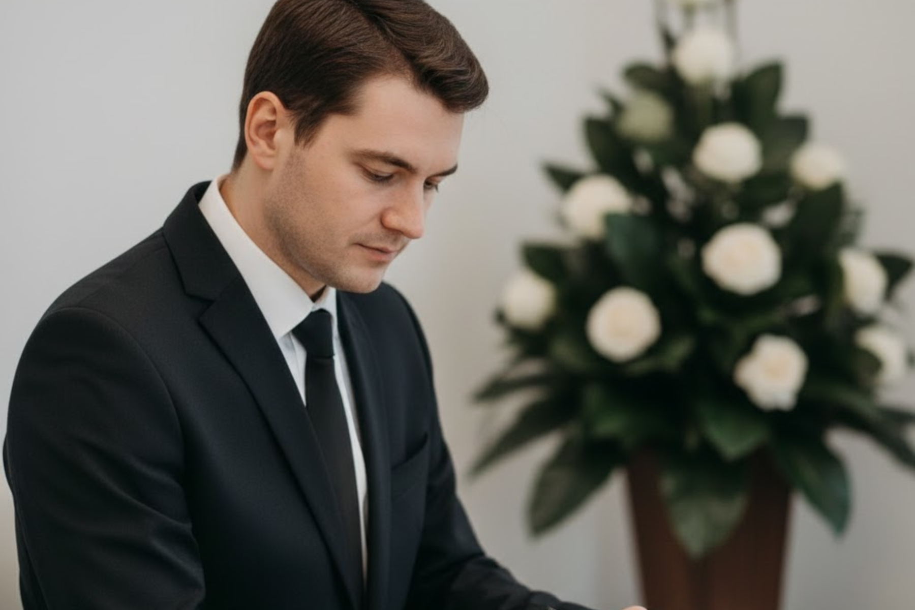 Würdevolle Szene einer Trauerfeier mit schlichtem Sarg, umgeben von weißen Blumen und Kerzenlicht, symbolisiert den letzten Abschied.
